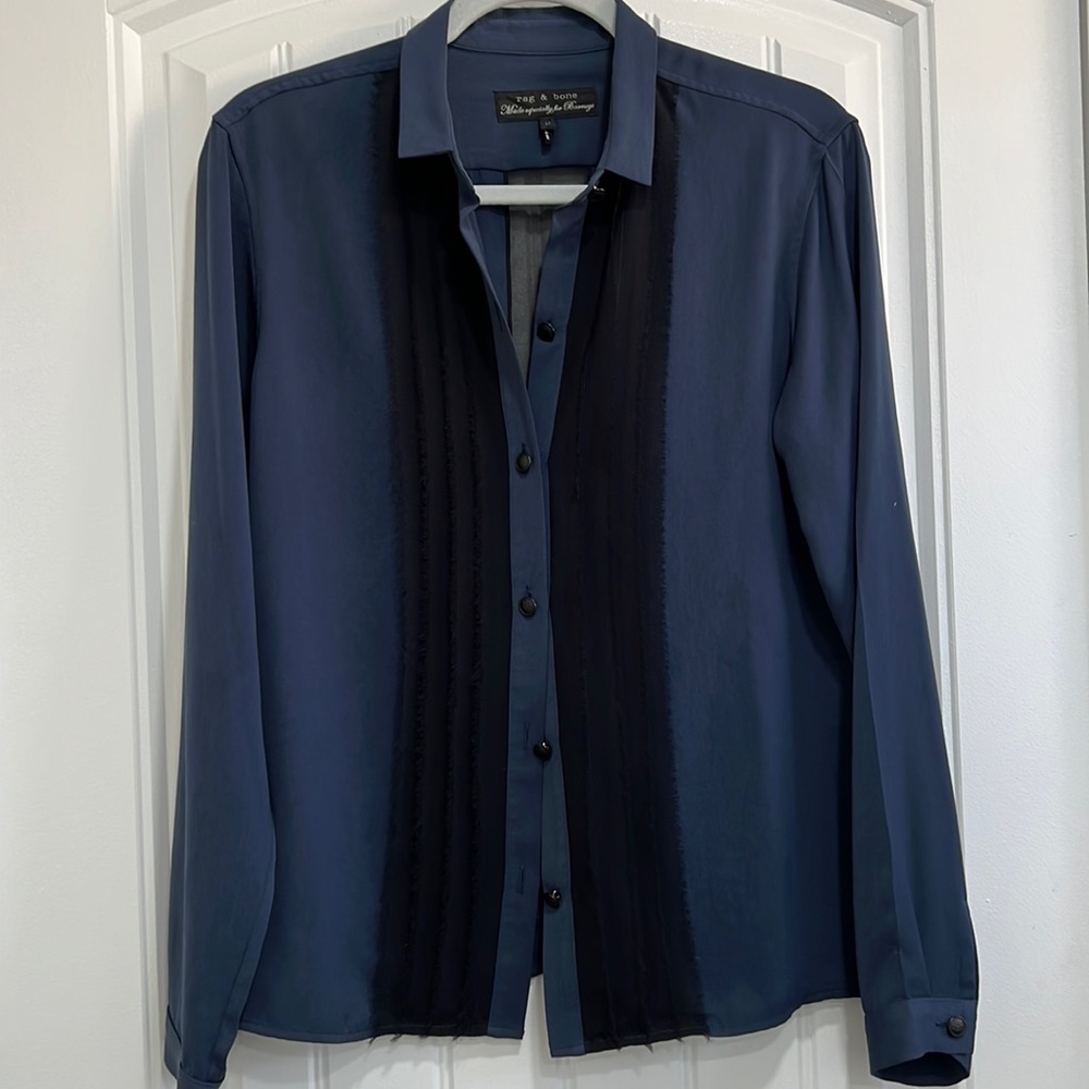 RAG & BONE sz M Shirt with black gray edge pleating and sheer back panel detail